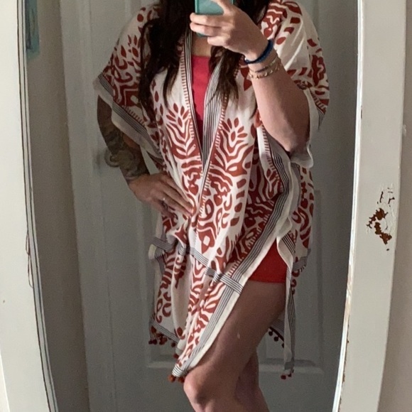 Swim cover up ball fringe rust cream and black color kimono, robe - Picture 5 of 6
